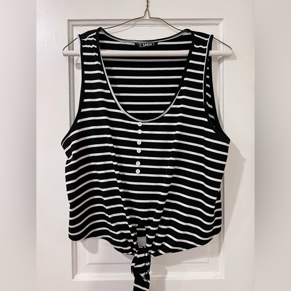 SET OF TWO- black and white striped, tie bottom, cropped tank tops